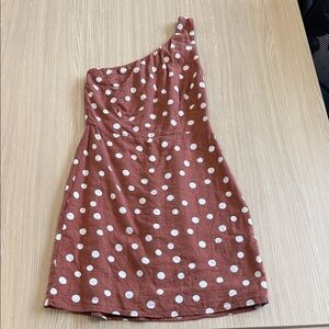 Abercrombie one shoulder brown dress with white polka dots